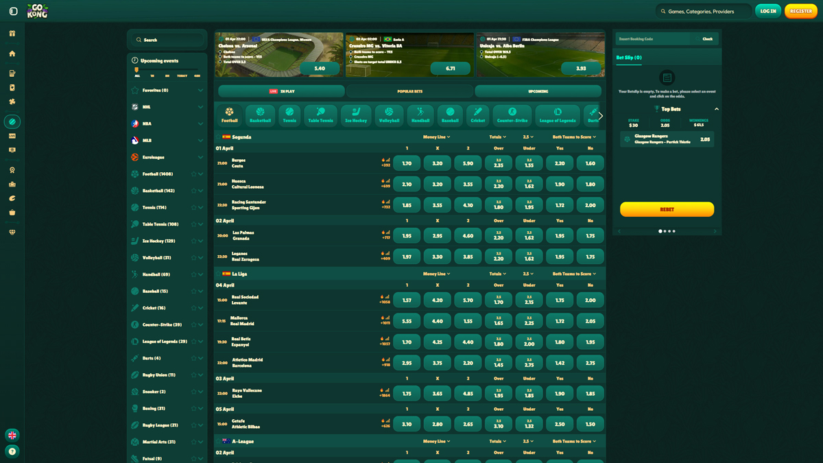 Apostas desportivas no GoKong Casino