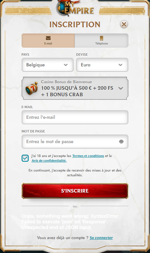 MyEmpire Casino BE Register