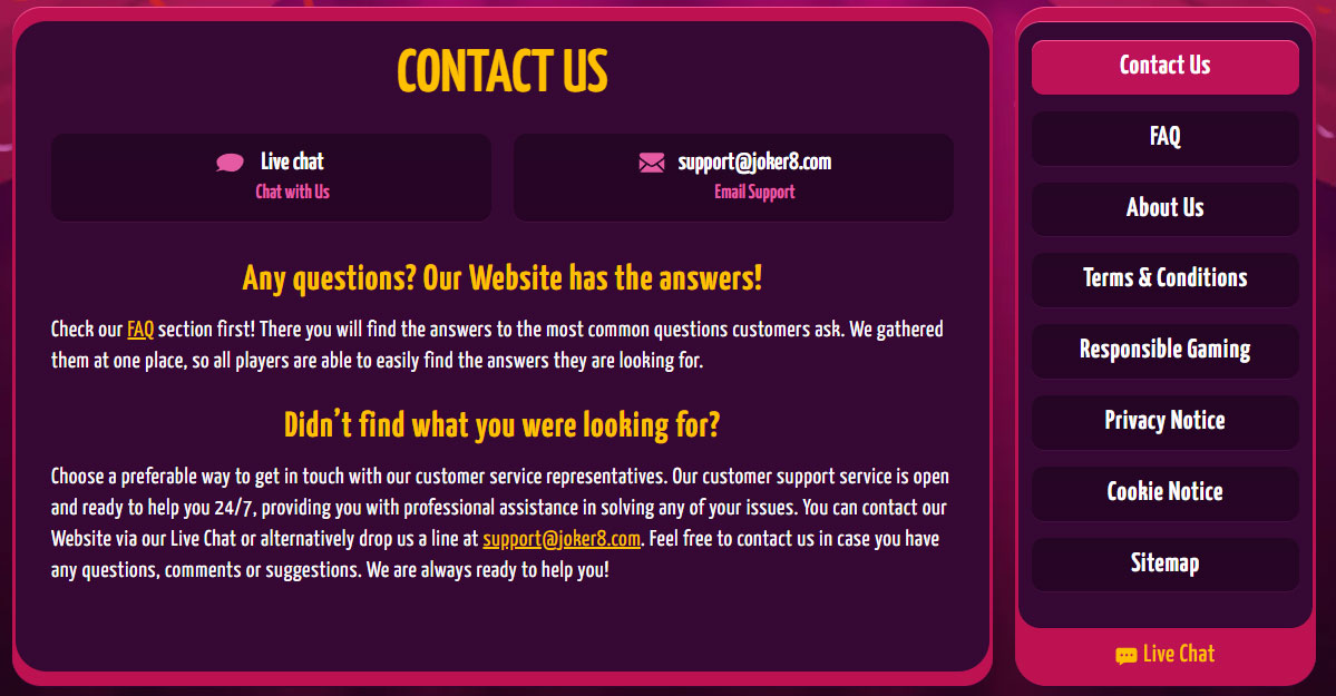 Joker8 Casino Help Centre
