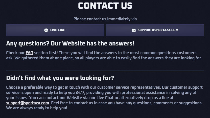 Apoio ao Cliente Sportaza Casino Portugal