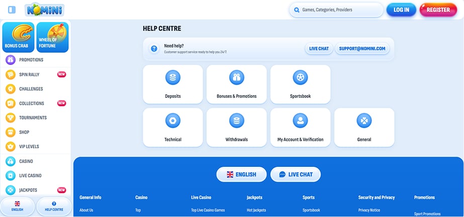 Apoio ao cliente do Nomini Casino